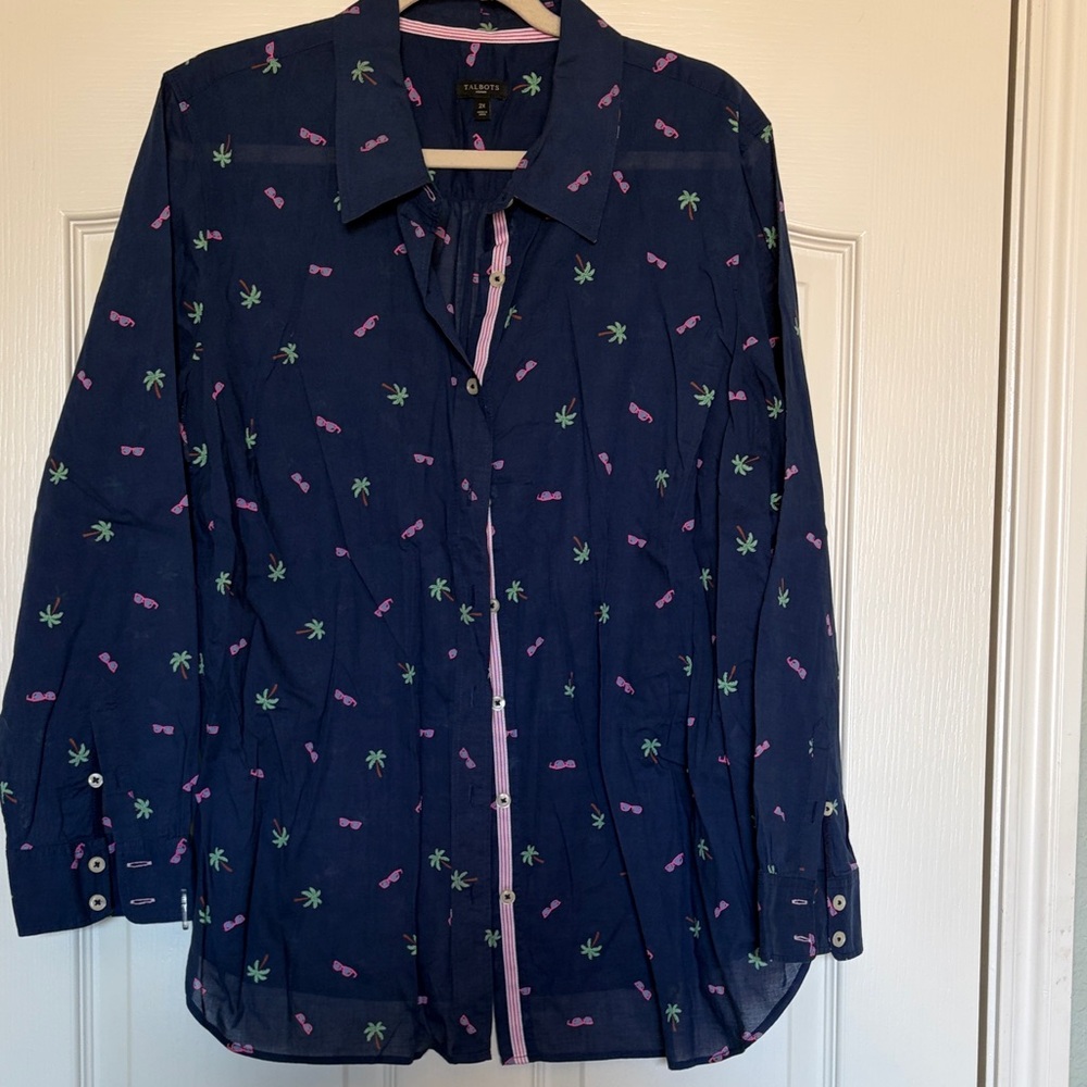 Talbots Navy Shirt with Tropical Print sunglasses palm trees cotton 2X button